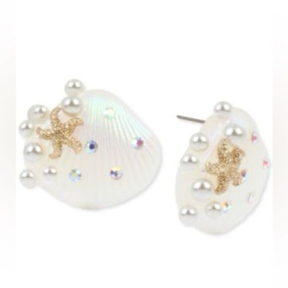 White clamshell stud earrings with gold starfish, iridescent rhinestone - Picture 1 of 5